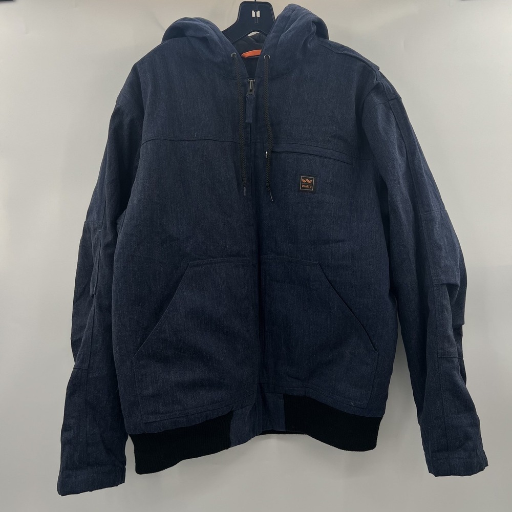Walls Heavyweight Work Jacket Mens L Hooded Lined Quilted Pockets Navy Blue EUC